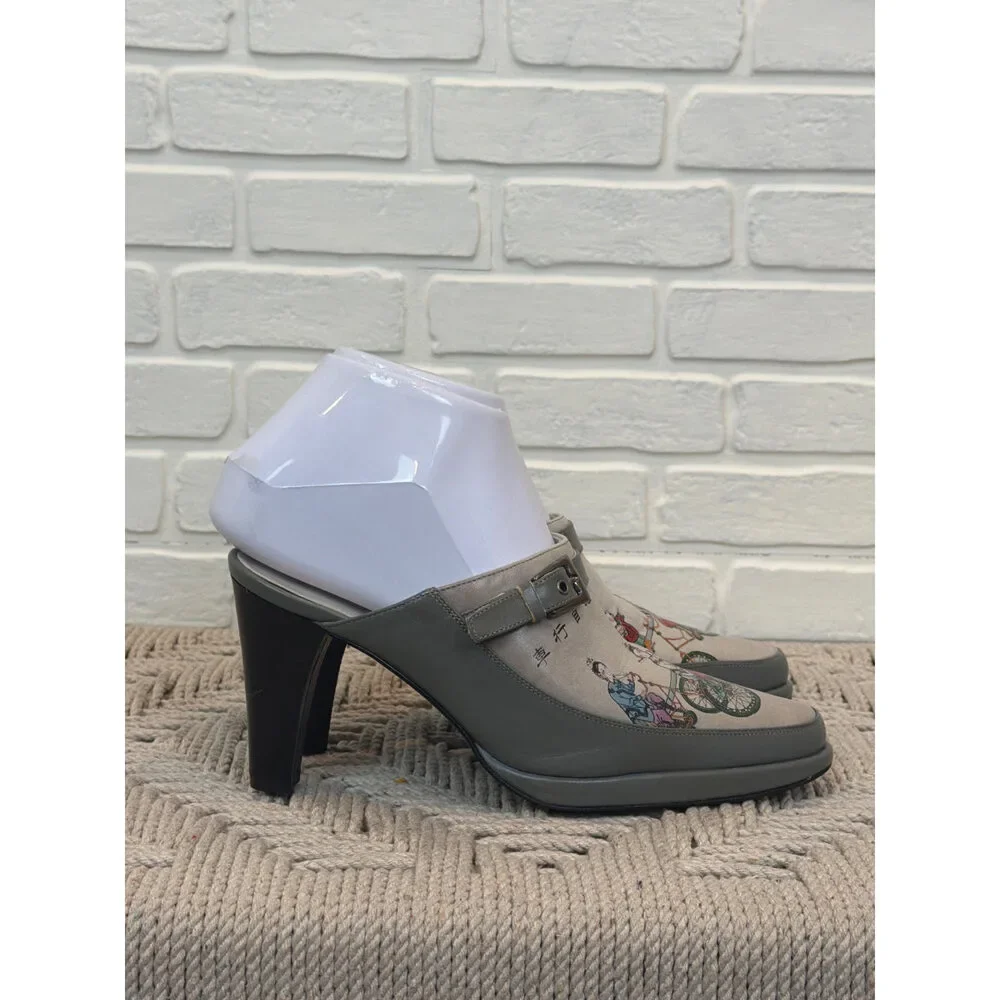 Icon Chinese Bicycle Print Grey Leather Mule Heels 5.5